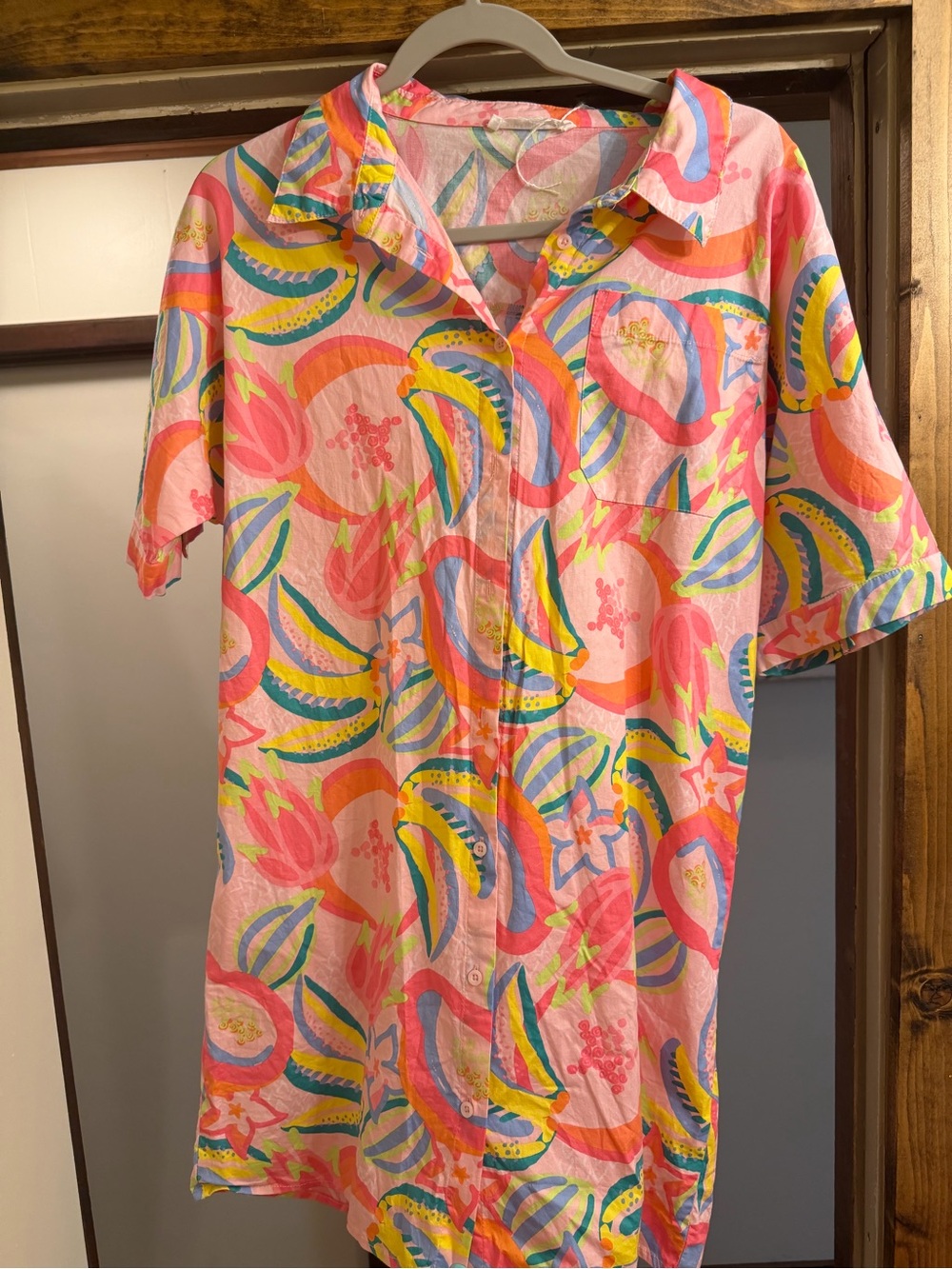 Pink Tropical Print Short Sleeve Shirt Dress